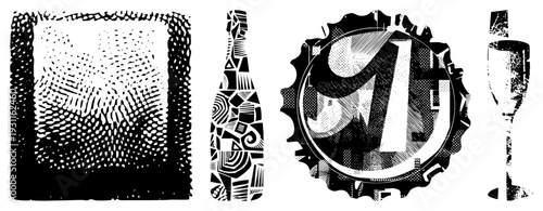 Retro halftone print wine bottle, corkscrew, bottle cap, and wine glass, stylized graphic set, vintage typography, vector art.