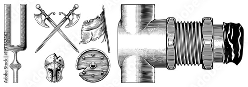 Historical warfare including swords, shield, helmet, and flag alongside mechanical pipe fitting, rendered in halftone engraving style.