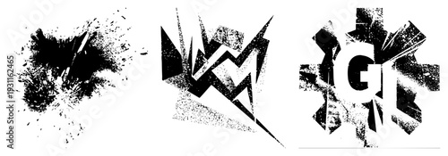 Stylized black abstract forms with splatter, jagged lightning, and fractured lettering, high contrast vector art, gritty texture, urban design elements.