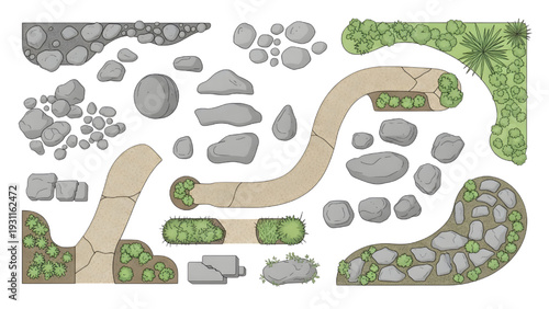 Garden Stones and Pathways Plan View Abstract Outline Vector Set for Landscape Design