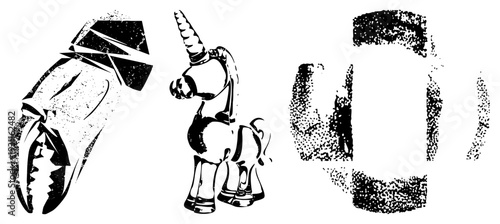 Black/white halftone vector art crab claw, unicorn, abstract circles. Gritty texture, isolated foreground. Ideal for print/digital design.