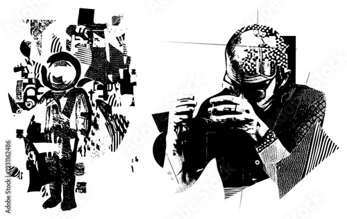 Two stylized human forms rendered in high contrast halftone and geometric, graphic art subjects, vector illustration, urban abstract personas.