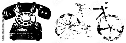 Classic rotary telephone and bicycle rendered in high contrast vector art, distressed textures, retro communication and transportation, isolated graphic elements.