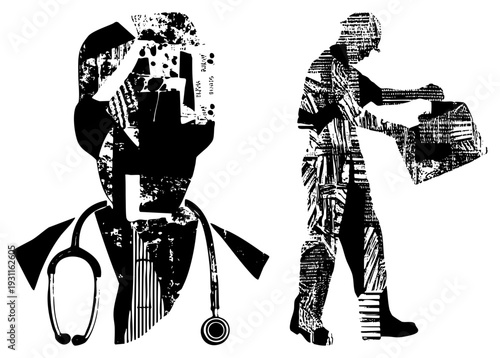 Doctor holding clipboard with stethoscope, scientist carrying test tubes, vector art, medical research, healthcare workers, lab technician, science illustration.