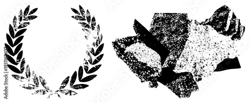 Distressed laurel wreath symbolizing victory or honor, paired with halftone crumpled paper texture, both in vector style.