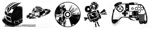 Retro style vector knight helmet, UFO, CD, film camera, gamepad, rendered in halftone dot texture, isolated graphic elements.