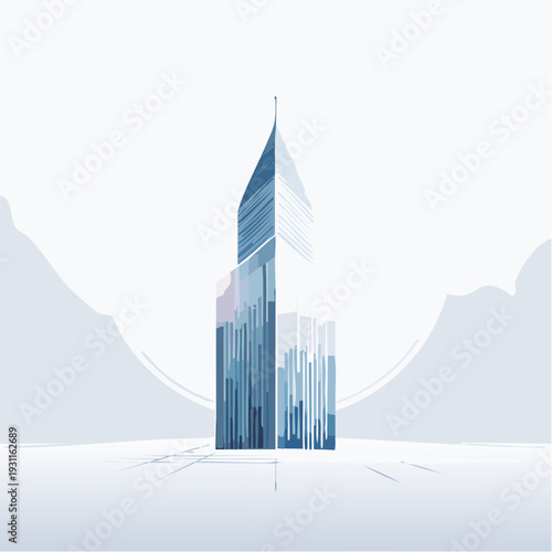 Modern skyscraper with sleek blue glass facade and abstract design elements.