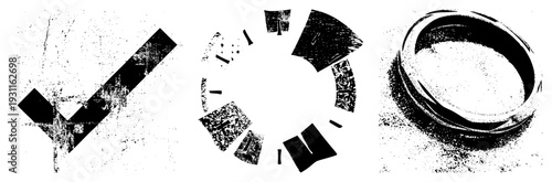 Fragmented vector forms, distressed black shapes on white, halftone grain, graphic design elements, bold angular geometry, isolated vector, stylized composition.