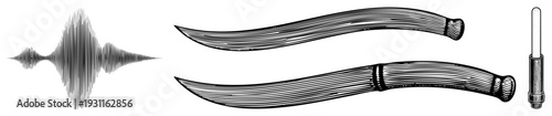 Hand drawn engraved blades with hatching, waveform graph, retro illustration, isolated vector elements, black and white art.