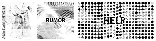Text rendered in halftone dot, "RUMOR" and "HELP" with geometric dot backgrounds, vector graphic,, stylized typography.