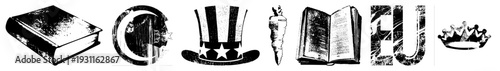 collection featuring book, moon, liberty hat, torch, open book, EU emblem, crown. Classic symbols of knowledge,,, and unity. Vector cutout set for design.