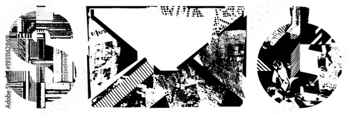 Urban architectural fragments rendered in halftone, abstract city blocks, graphic design elements, vector art composition, black and white geometric shapes.