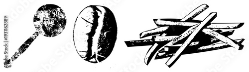 Retro styled coffee bean, crispy fry stack, magnifying glass, vector art, food and tool symbols, isolated graphic elements.