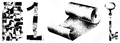 Bold halftone vector graphic featuring digit one, unrolled scroll, and antique key abstract typographic art, stencil style, isolated design elements.