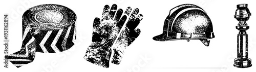 Construction safety items including hazard tape, work gloves, hard hat, and lamp, rendered in halftone style. Safety equipment, protective gear, industrial tools.