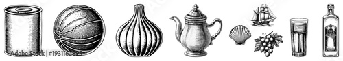 Classic black and white art of common items can, basketball, garlic, teapot,, grapes, glass, bottle stylized for design or illustration use.