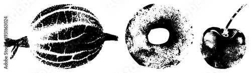 Stylized halftone fruits and snacks watermelon slice, ring donut, cherry with stem. Retro graphic design,, dotted texture, isolated food.