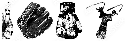 Retro styled athletic equipment silhouettes, vintage sports gear, classic game tools, stylized set, distressed texture, vector art.