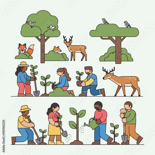 A colorful illustration of diverse people planting and caring for trees and plants, surrounded by various animals like deer, birds, and foxes, in a lively green environment