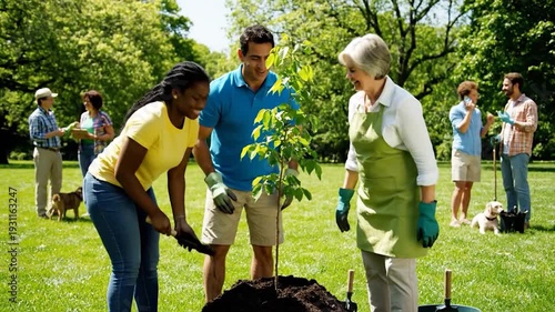 People planting tree in green park.