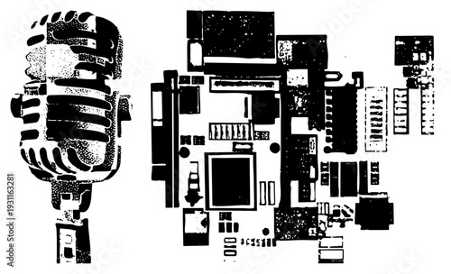Retro microphone with grille, electronic circuit board, tech graphic, vintage gear, black and white halftone vector art.