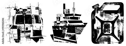 Geometric vector of van, ship, and jerry can rendered in halftone style,, stylized industrial forms, isolated graphic elements.