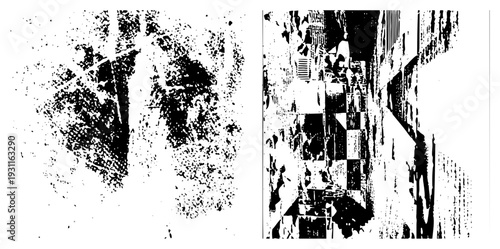 High contrast halftone graphic featuring fragmented checkerboard geometry, visual distortion, abstract art, vectorized noise texture, digital glitch effect.