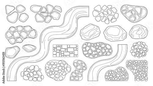 Garden Stones and Path Plan View Abstract Outline Vector Layout Components Set