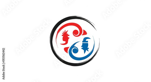 Yin yang symbol with dragon and phoenix red and blue circular logo on white background