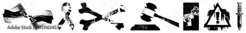 Set of symbolic including handshake, awareness ribbon,, gavel, handgun, warning sign, dagger, each with distressed texture,, isolated design.
