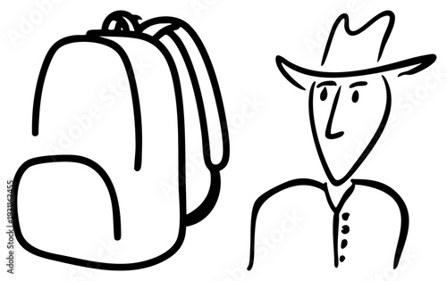 Sketch style cowboy wearing hat and vest beside backpack, minimalist art, travel adventurer, schoolbag companion, western character.