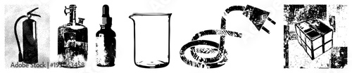 Science lab tools including beaker, dropper bottle, fire extinguisher, coiled electrical cord, and ’s cube in halftone style, isolated vector illustrations for educational or design use.