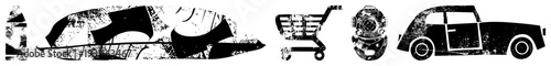 Black and white vector of vintage car, shopping cart, submarine, and house with distressed texture, urban graphic design, minimalist style.