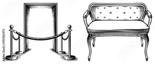 Classic rope barrier with posts, elegant tufted bench with curved legs, vintage interior decor, black and white vector illustration, retro seating and crowd control elements.