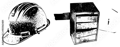 Safety helmet and filing cabinet in halftone style, construction gear and office storage, worker protection and document organization, black and white graphic, industrial and corporate.