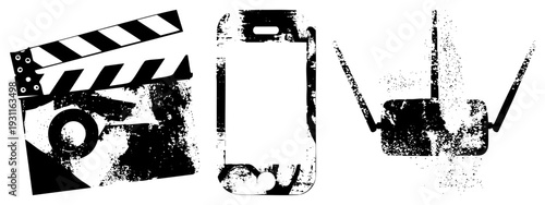 Distressed black and white of cinema clapper, phone, router, digital, tech gadgets, retro tech, gritty design.