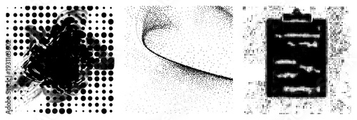 Black halftone dots forming abstract organic shapes and battery symbol, vector graphic,, stylized, isolated elements, digital art, print design, graphic texture.