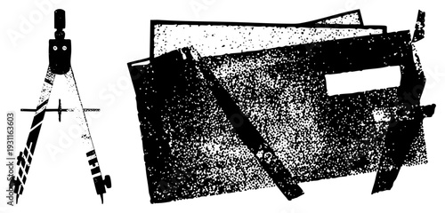 Classic drafting compass with adjustable arms, geometric drafting tools, technical drawing instruments, ruled paper stack, halftone design, black and white vector graphic.