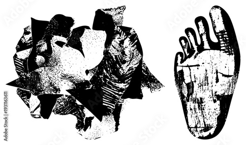 Fragmented geometric with halftone textures, isolated foot silhouette, graphic art composition, vector illustration, design, stencil effect, artistic abstraction.