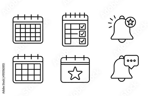 Set of 6 calendar and bell icons vector