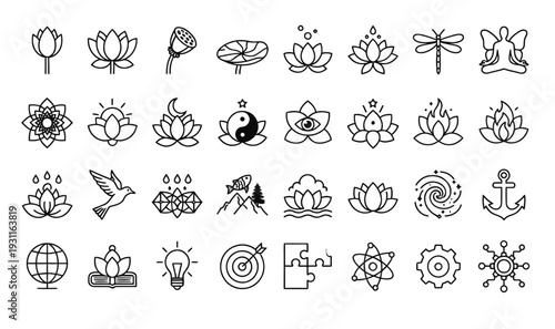 Set of 30 line icons vector - lotus, yoga, meditation, wellness, symbols