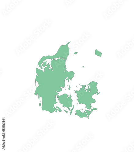Simplified light green silhouette map representing the distinct geographical outline of the nation of Denmark against a stark white background.