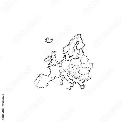 Simple black and white outline map illustrating the political boundaries between various countries across the continent of Europe
