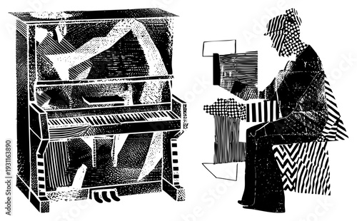 Black and white stylized pianist seated at upright piano, halftone shading, graphic illustration, musical performance, vector art, design.