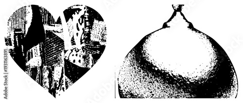 Stylized halftone heart and flask vector graphics, print art, graphic design elements, bold stencil texture, black and white illustration.