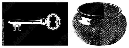 Antique skeleton key with ornate bow, rustic ceramic jar with speckled texture, halftone vector art, isolated graphic elements, vintage lockpick design, ceramic vessel illustration.