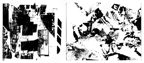 Bold black shapes colliding with white voids, fragmented vector geometry, halftone texture, glitch art style, isolated graphic elements.