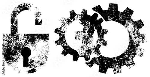 Unlock with distressed texture, mechanical gears meshing together, industrial security motif, system access, digital protection, mechanical, black and white vector.