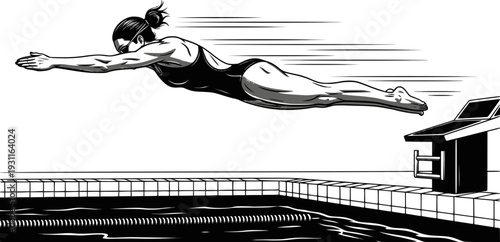 Professional female swimmer diving into pool illustration: Design for swimming club flyers, sports competition posters, or aquatic center signage. Transparent background EPS version.