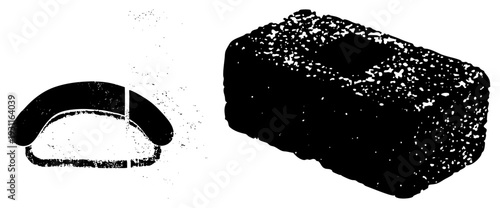 Retro phone handset silhouette, textured brick wall fragment, vector halftone style, isolated graphic elements, design.